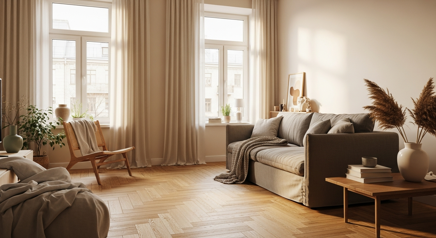AI_IMAGE: A warm, inviting modern Moscow apartment living room interior shot from a slightly elevated angle. Honey-toned oak parquet flooring catches soft golden afternoon light streaming through tall curtained windows. A comfortable linen sofa in muted grey sits against an off-white wall. There are subtle details of lived-in comfort — a knitted throw blanket, a ceramic vase with dried pampas grass, a stack of books on a low wooden coffee table. The palette is warm neutrals — cream, honey, soft grey, with touches of sage green from a potted plant. No people visible. The atmosphere is calm, domestic, and aspirational — the kind of room that feels like home. Natural light dominates, creating gentle shadows. Shot in editorial interior photography style similar to AD Magazine or Kinfolk. | photorealistic | landscape