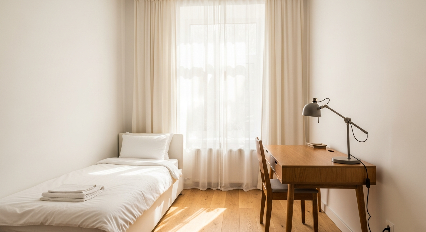 AI_IMAGE: A bright, airy room in a Moscow apartment with white walls and light wood flooring. A single bed with crisp white bedding sits against one wall, a compact desk with a lamp near the window. Soft natural light enters through a curtained window. Clean, minimal, and inviting. No people. Interior photography style. | photorealistic | landscape