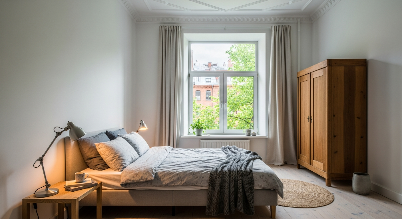 AI_IMAGE: A spacious bedroom in a classic Moscow brick building apartment. High ceilings, white plaster walls, a large window with green courtyard view. A double bed with grey linen, a wooden wardrobe, and a reading lamp on a nightstand. Warm natural light. Calm and inviting. No people. Kinfolk-style interior photography. | photorealistic | landscape