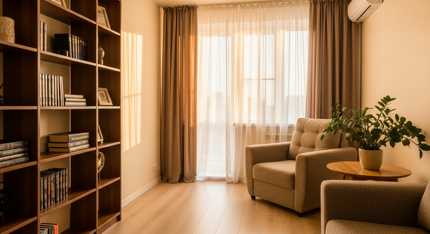 AI_IMAGE: A cozy room in a renovated Moscow apartment. Warm-toned walls, laminate flooring, a comfortable armchair by the window with sheer curtains. A bookshelf lines one wall. A small round table with a potted plant. Afternoon light creates a golden glow. No people. Editorial interior photography. | photorealistic | landscape